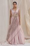 Buy_Shruti Ranka_Pink Satin Embroidered Geometric Sweetheart Neck Pre-draped Lehenga With Blouse _at_Aza_Fashions