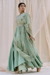 Buy_Shruti Ranka_Green Chanderi Embroidered Chevron Pre-draped Anarkali With Belt _at_Aza_Fashions