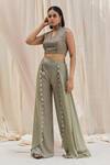 Buy_Shruti Ranka_Green Satin Embroidered Geometric V Neck Crop Top And Pant Set  _at_Aza_Fashions