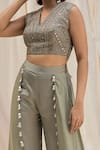 Shop_Shruti Ranka_Green Satin Embroidered Geometric V Neck Crop Top And Pant Set  _at_Aza_Fashions