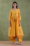 Musal_Yellow Chanderi, 100% Cotton Metallic Striped Round Padmavati Angarkha Kurta Set_Online_at_Aza_Fashions