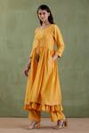 Buy_Musal_Yellow Chanderi, 100% Cotton Metallic Striped Round Padmavati Angarkha Kurta Set_Online_at_Aza_Fashions