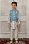 Buy_Arihant Rai Sinha_Blue Silk Printed Floral Bundi And Kurta Set _at_Aza_Fashions