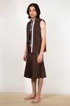 Leh Studios_Brown Cotton Pique Knit Sand Sleeveless Contrast Stripe Vest_Online_at_Aza_Fashions