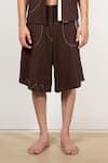 Buy_Leh Studios_Brown 100% Cotton Pique Knit Embroidered Sand Abstract Top Stitch Shorts  _Online_at_Aza_Fashions