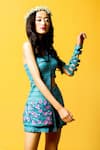 Shop_Nitara Dhanraj Label_Blue Thin Jute Silk Embroidered 3d Floral Cutout Asymmetric Jacket And Shorts Set_at_Aza_Fashions