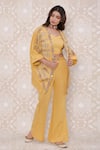 Inej_Yellow Rayon Flex Embroidered Floral Kimono Open And Pant Set  _Online_at_Aza_Fashions