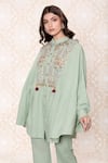 Shop_Inej_Green Rayon Flex Embroidered Floral Draped Cape Top And Pant Set  _Online_at_Aza_Fashions