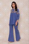 Inej_Blue Rayon Flex Floral, Sequin Round Top And Bell Bottom Pant Set_Online_at_Aza_Fashions