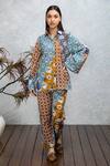 Buy_Rhe-Ana_Brown Cotton Floral , Geometric Straight Cyan Shirt And Pant Set _at_Aza_Fashions