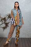Rhe-Ana_Brown Cotton Floral , Geometric Straight Cyan Shirt And Pant Set _Online_at_Aza_Fashions