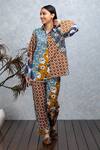 Buy_Rhe-Ana_Brown Cotton Floral , Geometric Straight Cyan Shirt And Pant Set _Online_at_Aza_Fashions