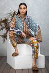 Shop_Rhe-Ana_Brown Cotton Floral , Geometric Straight Cyan Shirt And Pant Set _Online_at_Aza_Fashions