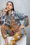 Rhe-Ana_Brown Cotton Floral , Geometric Straight Cyan Shirt And Pant Set _at_Aza_Fashions