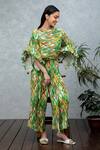 Buy_Rhe-Ana_Green Pleated Abstract Print Boat Neck Cynthia Cape _at_Aza_Fashions