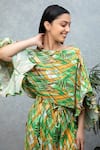 Shop_Rhe-Ana_Green Pleated Abstract Print Boat Neck Cynthia Cape _at_Aza_Fashions