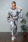 Buy_Rhe-Ana_Grey Pleated Printed Floral Boat Neck Gia Cape And Pant Set  _at_Aza_Fashions