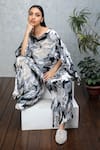 Shop_Rhe-Ana_Grey Pleated Printed Floral Boat Neck Gia Cape And Pant Set  _Online_at_Aza_Fashions