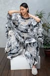 Shop_Rhe-Ana_Grey Pleated Printed Floral Boat Neck Gia Cape  _Online_at_Aza_Fashions