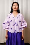 Shop_Shiori_Purple Cotton Silk Printed Bougainvillea V Neck Shirt _Online_at_Aza_Fashions