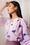 Shiori_Purple Cotton Silk Printed Bougainvillea V Neck Shirt _at_Aza_Fashions