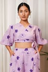 Shiori_Purple Slub Chanderi Printed Floral Motifs V Neck Garden Crop Top _Online_at_Aza_Fashions