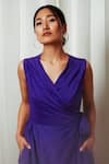 Shiori_Purple Cotton Silk Plain V Neck Wrap Draped Dress _Online_at_Aza_Fashions