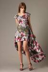 Buy_Alpona Designs By Soham Acharya_Grey Cotton Floral Round Print High Low Dress _at_Aza_Fashions