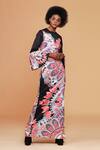 Alpona Designs By Soham Acharya_Black Viscose Satin Folk Round Print Bell Sleeve Gown _Online_at_Aza_Fashions