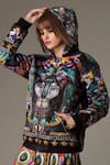 Alpona Designs By Soham Acharya_Black Viscose Satin Civilised Tiger Print V Neck Hoodie _Online_at_Aza_Fashions
