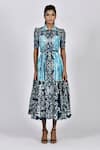 Buy_Alpona Designs By Soham Acharya_Blue Rayon Cotton Ocean Spread Collar Print Tiered Shirt Dress _at_Aza_Fashions