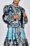 Alpona Designs By Soham Acharya_Blue Rayon Cotton Ocean Notched Collar Print Puff Sleeve Jacket _Online_at_Aza_Fashions