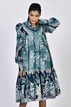 Buy_Alpona Designs By Soham Acharya_Blue Rayon Cotton Ocean Shirt Collar Print Puff Sleeve Dress _at_Aza_Fashions