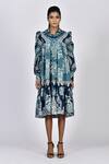 Buy_Alpona Designs By Soham Acharya_Blue Rayon Cotton Ocean Shirt Collar Print Puff Sleeve Dress _Online_at_Aza_Fashions
