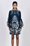 Alpona Designs By Soham Acharya_Blue Rayon Cotton Ocean Peter Pan Print Puff Sleeve Tunic Dress _Online_at_Aza_Fashions