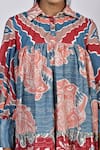 Buy_Alpona Designs By Soham Acharya_Blue Rayon Cotton Ocean Shirt Collar Print Puff Sleeve Dress _Online_at_Aza_Fashions
