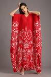 Buy_Alpona Designs By Soham Acharya_Red Natural Crepe Ocean V Neck Print Kaftan Dress _at_Aza_Fashions