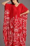 Buy_Alpona Designs By Soham Acharya_Red Natural Crepe Ocean V Neck Print Kaftan Dress _Online_at_Aza_Fashions