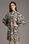 Buy_Alpona Designs By Soham Acharya_Green Rayon Cotton Ocean Mandarin Collar Print Puff Sleeve Dress _Online_at_Aza_Fashions