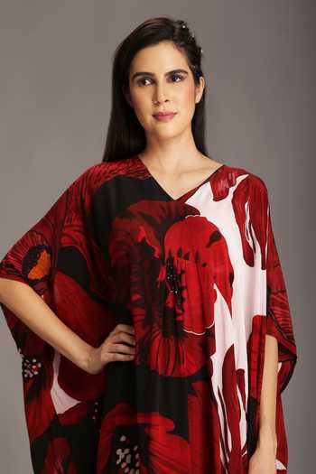 Buy_Alpona Designs By Soham Acharya_Red Natural Crepe Hibiscus V Neck Print Dress _Online_at_Aza_Fashions