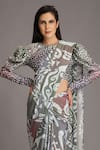 ALPONA DESIGNS BY SOHAM ACHARYA_Grey Viscose Dupion Printed Ocean Round Puff Sleeve Blouse _Online_at_Aza_Fashions