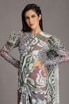 Buy_ALPONA DESIGNS BY SOHAM ACHARYA_Grey Viscose Dupion Printed Ocean Round Puff Sleeve Blouse _Online_at_Aza_Fashions