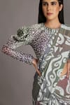 Shop_ALPONA DESIGNS BY SOHAM ACHARYA_Grey Viscose Dupion Printed Ocean Round Puff Sleeve Blouse _Online_at_Aza_Fashions