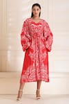 Buy_Alpona Designs By Soham Acharya_Red Rayon Cotton Ocean V Neck Print Flared Sleeve Dress _at_Aza_Fashions