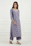 Tashee_Purple Cotton Printed Floral V Neck Kurta Set  _Online_at_Aza_Fashions