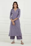 Buy_Tashee_Purple Cotton Printed Floral V Neck Kurta Set  _Online_at_Aza_Fashions