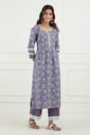 Tashee_Purple Cotton Printed Floral Notched Kurta Set  _Online_at_Aza_Fashions