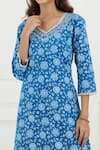 Shop_Tashee_Blue Cotton Printed Floral V Neck Kurta Set  _Online_at_Aza_Fashions