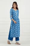 Tashee_Blue Cotton Printed Floral Notched Kurta Set  _Online_at_Aza_Fashions