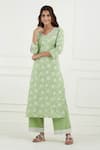 Tashee_Green Cotton Printed Floral V Neck Kurta Set  _Online_at_Aza_Fashions